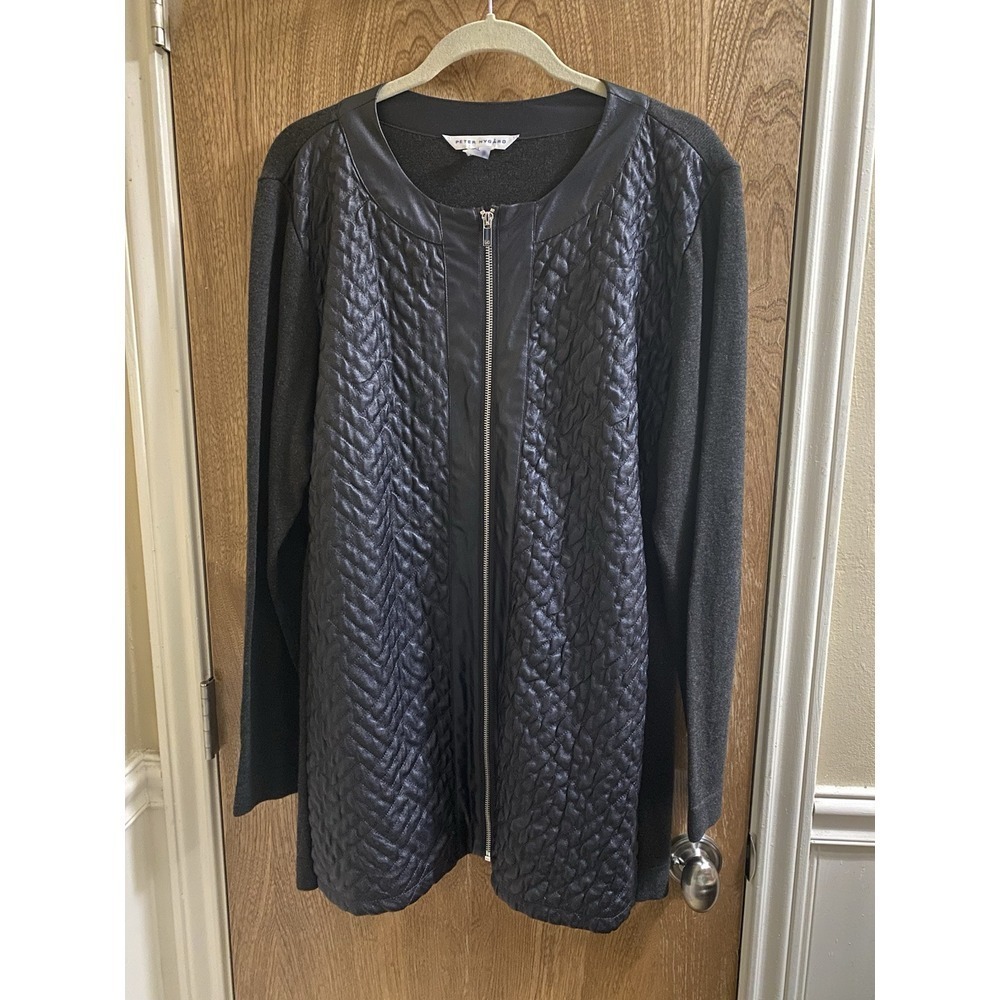 Peter Nygard Black Full Zip Faux Leather And Knit Long Jacket Women's Size XL